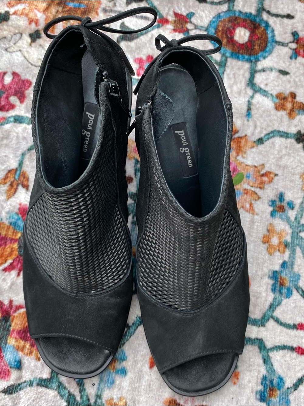 Paul Green Black Open-Toe Heeled Ankle Boots with Textured Upper